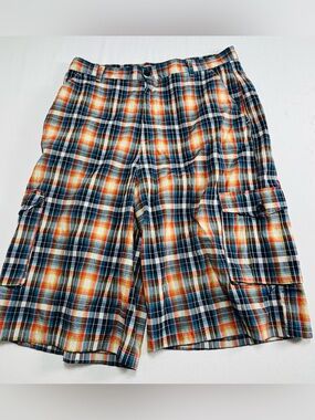 Men's Plaid Cargo Shorts - Multicolor Orange Navy White